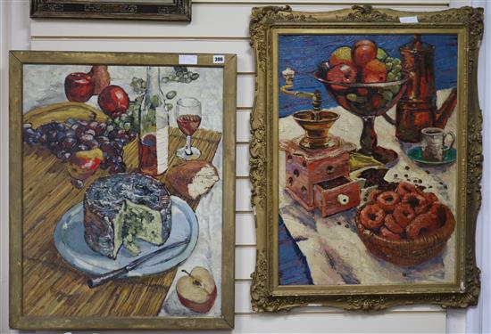 English School, 2 oils on board, table top still lifes, 72 x 51cm